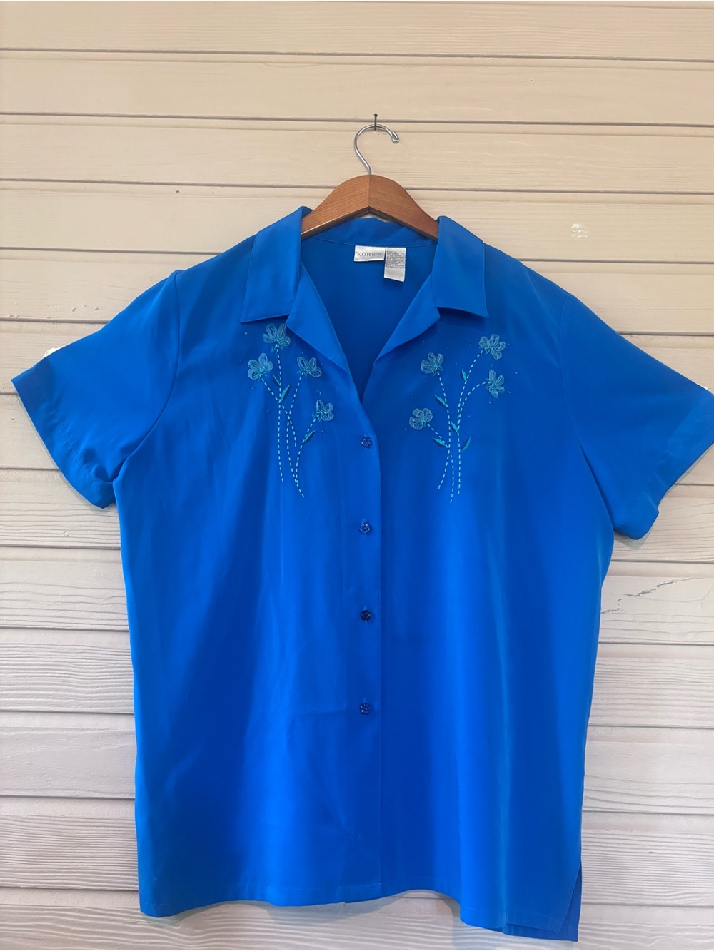 Vintage 90s Koret Embroidered Button Up Blouse Blue Grandmacore Size 18W